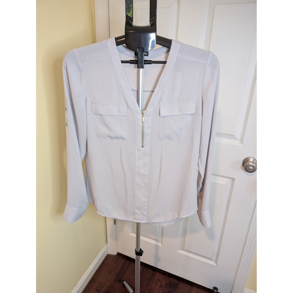 Express Zip Front Blouse Gray Roll Tab Portofino Top - Size‎ S